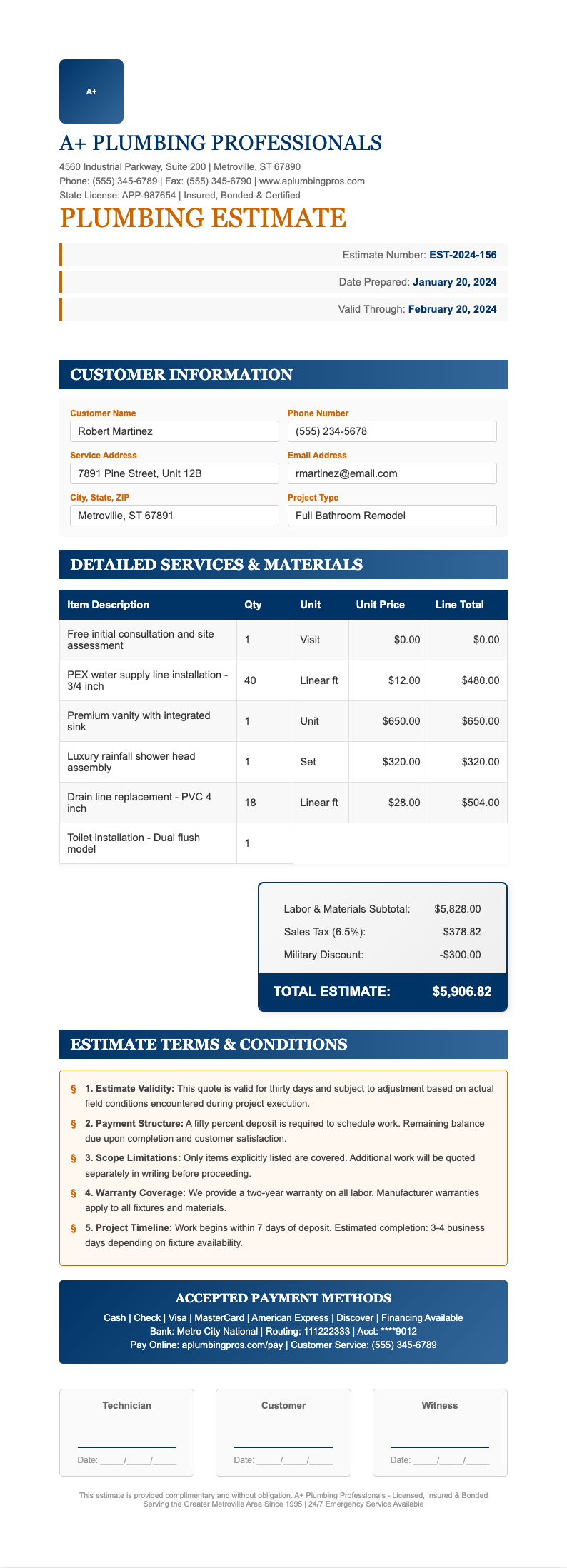 Classic Professional free plumbing estimate form